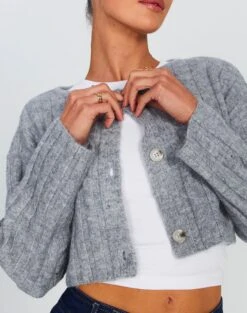 Cropped Long Sleeve Knit Cardigan 21 Cropped Long Sleeve Knit Cardigan -GLASSONS CLOTHING robin rib cardi grey marle detail kc78726rpol