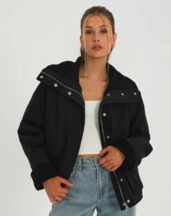 Faux Leather Longline Collared Coat -GLASSONS CLOTHING scoopy oversized utility jacket black front cs91608bor