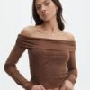 Foldover Off Shoulder Long Sleeve Top -GLASSONS CLOTHING sinka off the shoulder mesh top deep umber front tl119588rmsh