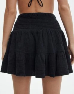 Muslin Tiered Mini Skirt -GLASSONS CLOTHING sky shirred muslin skirt black back ss72038mus
