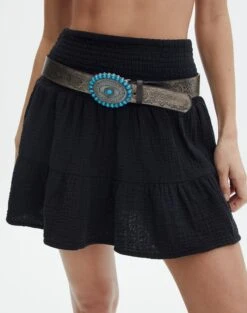 Muslin Tiered Mini Skirt -GLASSONS CLOTHING sky shirred muslin skirt black full ss72038mus