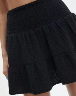 Muslin Tiered Mini Skirt -GLASSONS CLOTHING sky shirred muslin skirt black imageback ss72038mus