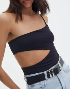 Supersoft One Shoulder Side Cut Out Bodysuit -GLASSONS CLOTHING sully peachy bodysuit black imageback tb95431pch