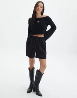 Knit Off The Shoulder Crop Top -GLASSONS CLOTHING t kez longline linen short black front sw118936tlv