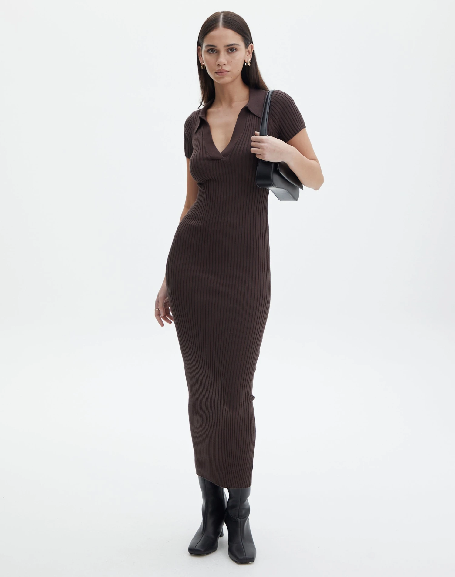 V Neck Collared Wide Rib Knit Dress 9 V Neck Collared Wide Rib Knit Dress - Image 7