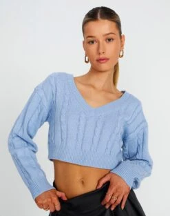 Knit Crew Neck Jumper -GLASSONS CLOTHING tartt cable v neck crop monday blues front kl78966ca 8