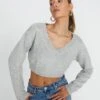 Cropped Knit V Neck Jumper -GLASSONS CLOTHING tartt v neck crop pale grey marle front kl78966knt 6