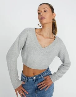 Cropped Knit V Neck Jumper