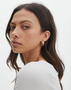 Plated Rectangle Hoop Earring 2 Pack 27 Plated Rectangle Hoop Earring 2 Pack -GLASSONS CLOTHING taurus triple hoop earrings gold front je109042ear 9