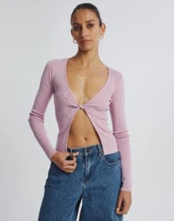 Double Tie Front Ribbed Knit Top 29 Double Tie Front Ribbed Knit Top -GLASSONS CLOTHING travi twist front longsleeve shrinking violet front kl63496knt