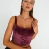 Velvet Tie Front Lace Trim Corset Top