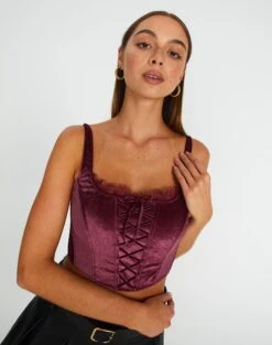 Velvet Tie Front Lace Trim Corset Top
