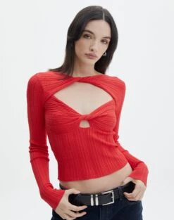 Twist Front Cut Out Long Sleeve Knit Top 27 Twist Front Cut Out Long Sleeve Knit Top -GLASSONS CLOTHING volly varigated twist knit mulan red front kl103057ve