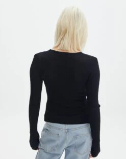 Ribbed Long Sleeve Split Side Knit -GLASSONS CLOTHING wilber wide neck black back kl124045vn