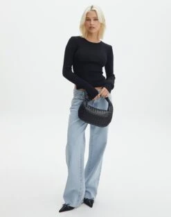 Ribbed Long Sleeve Split Side Knit -GLASSONS CLOTHING wilber wide neck black full kl124045vn