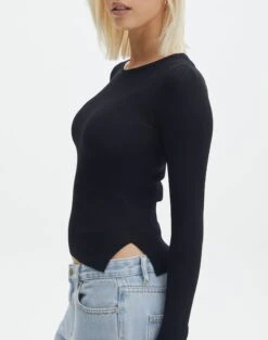 Ribbed Long Sleeve Split Side Knit -GLASSONS CLOTHING wilber wide neck black imageback kl124045vn