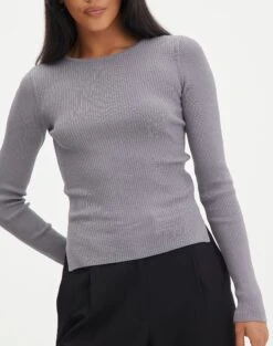 Ribbed Long Sleeve Split Side Knit -GLASSONS CLOTHING wilber wide neck keep your coal imageback kl124045vn