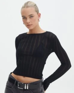 Contrast Stitch Long Sleeve Top -GLASSONS CLOTHING zara sheer crepe crew black front kl89942sc 7